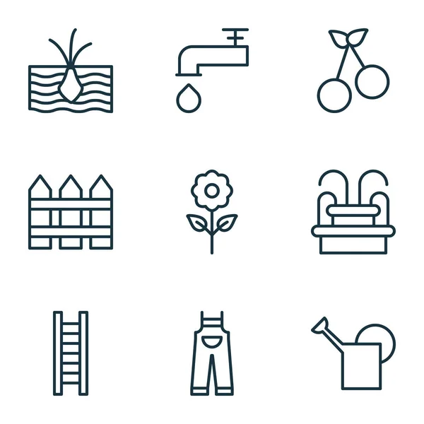 Set van 9 tuinieren iconen. Bevat groeiende Plant, Tuin kleren, kraan en andere symbolen. Mooie designelementen. — Stockvector