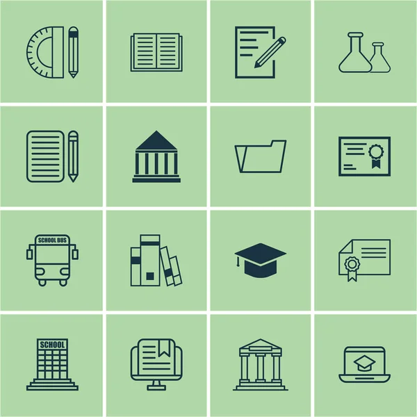 Set di 16 icone scolastiche. Include certificato, centro di istruzione, libro aperto e altri simboli. Bellissimi elementi di design . — Vettoriale Stock