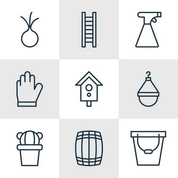 Conjunto de 9 iconos de plantas. Incluye ajo, escalera, percha y otros símbolos. Hermosos elementos de diseño . — Archivo Imágenes Vectoriales