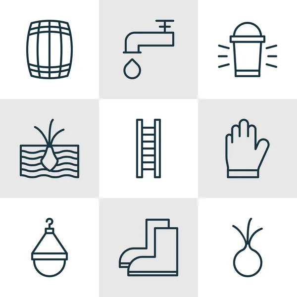 Conjunto de 9 ícones de Holticultura. Inclui espigão, cabide, calçados de jardinagem e outros símbolos. Elementos de design bonito . —  Vetores de Stock