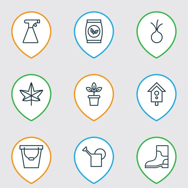 Conjunto de 9 ícones de plantação. Inclui Birdhouse, Pail, alho e outros símbolos. Elementos de design bonito . —  Vetores de Stock
