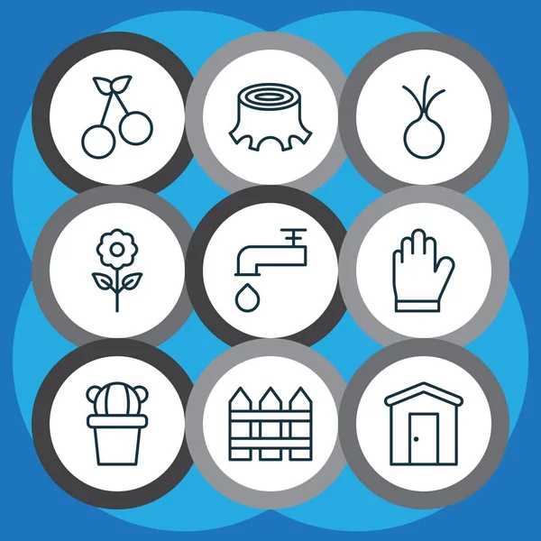 9 Bahçe simgeler kümesi. Koruma Mitt, sarımsak, çiftlik evi ve diğer simgeleri içerir. Güzel tasarım öğeleri.