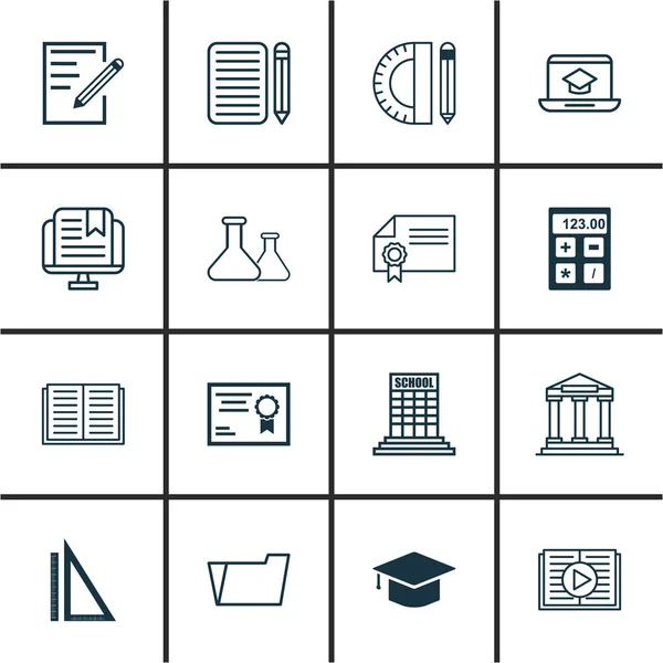 Ensemble de 16 icônes de l'éducation. Comprend le travail à domicile, l'enseignement à distance, les symboles chimiques et autres. Beaux éléments de conception . — Image vectorielle