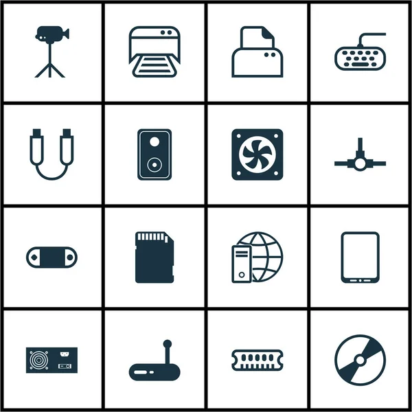 Set Of 16 Computer Hardware Icons. Includes Computer Ventilation, Power Generator, Camcorder And Other Symbols. Beautiful Design Elements. — Stock Vector