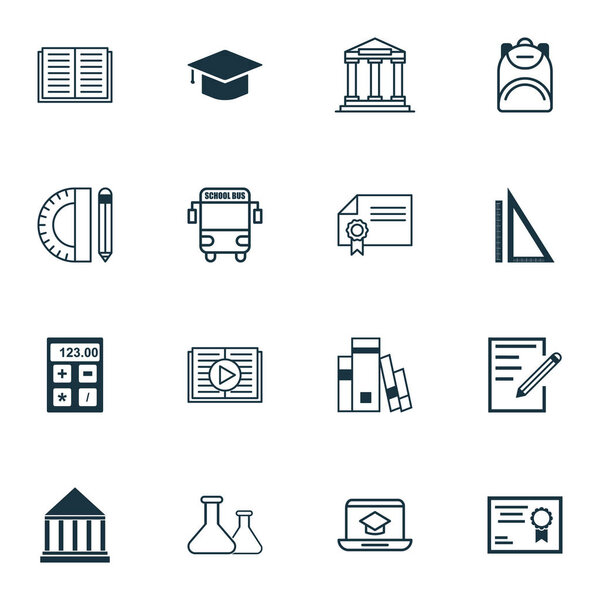 Набор из 16 школьных икон. Включает диплом, электронный инструмент, измерение и другие символы. Элементы дизайна
.