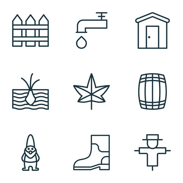 Set van 9 tuinieren iconen. Bevat barrière, dwerg, schrikbeeld en andere symbolen. Mooie designelementen. — Stockvector