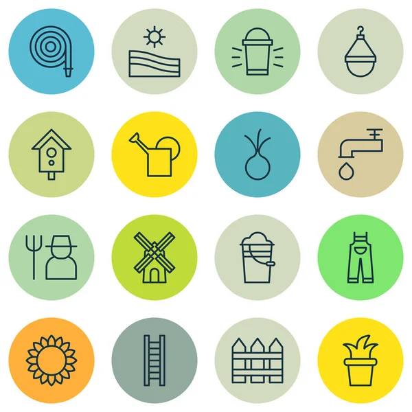 Set Of 16 Farm Icons. Includes Bush Pot, Barrier, Helianthus And Other Symbols. Beautiful Design Elements. — Stock Vector