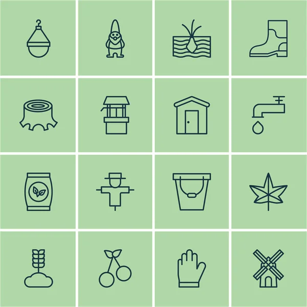 Conjunto de 16 ícones de plantas. Inclui espigão, grãos, toco de árvore e outros símbolos. Elementos de design bonito . —  Vetores de Stock
