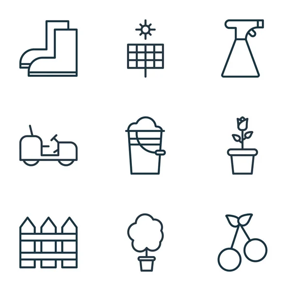 Set van 9 tuin iconen. Bevat tuinieren schoenen, emmer, barrière en andere symbolen. Mooie designelementen. — Stockvector