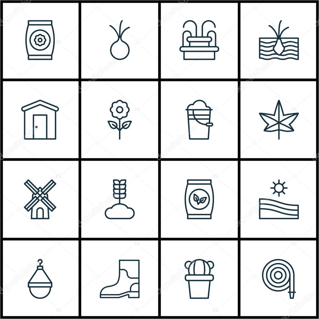 Set Of 16 Farm Icons. Includes Fertilizer, Bucket, Fire Tube And Other Symbols. Beautiful Design Elements.