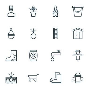16 Bahçe simgeler kümesi. Gübre, cüce, Bahçe Ayakkabı ve diğer simgeleri içerir. Güzel tasarım öğeleri.