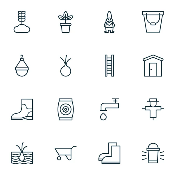 Set van 16 tuin iconen. Bevat meststof, dwerg, tuinieren schoenen en andere symbolen. Mooie designelementen. — Stockvector
