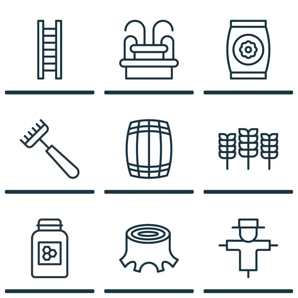 Set de 9 Iconos de Plantación. Incluye barril, trigo, fertilizante y otros símbolos. Hermosos elementos de diseño . — Archivo Imágenes Vectoriales