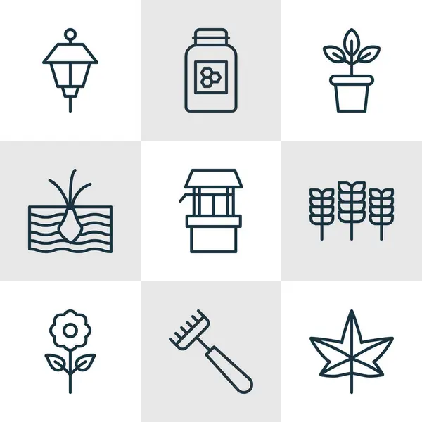 Набір з 9 садівництва іконок. Включає в себе граблі, Jar, пшеницю та інші символи. Гарний дизайн елементів. — стоковий вектор