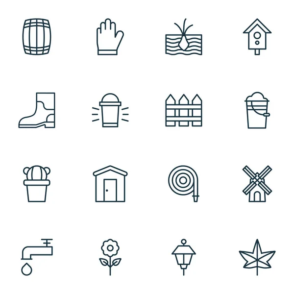Set de 16 iconos de la Holticultura. Incluye planta de cultivo, lámpara colgante, bota de goma y otros símbolos. Hermosos elementos de diseño . — Archivo Imágenes Vectoriales