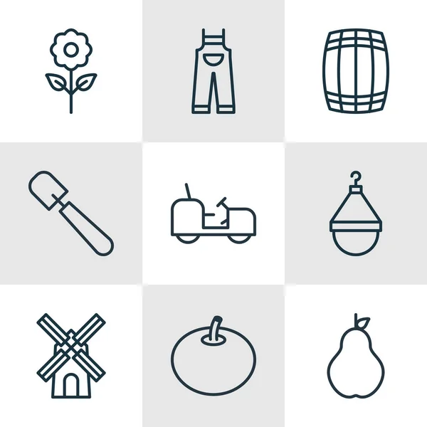 Conjunto de 9 iconos de granja. Incluye percha, barril, planta decorativa y otros símbolos. Hermosos elementos de diseño . — Archivo Imágenes Vectoriales