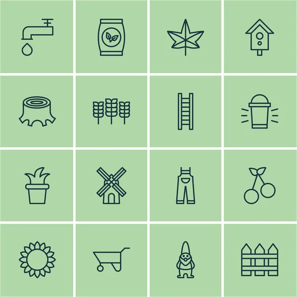 Conjunto de 16 ícones de plantação. Inclui escada, lâmpada pendurada, Birdhouse e outros símbolos. Elementos de design bonito . — Vetor de Stock