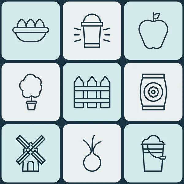 Set de 9 iconos del jardín. Incluye sabor a manzana, lámpara colgante, maceta de madera y otros símbolos. Hermosos elementos de diseño . — Vector de stock