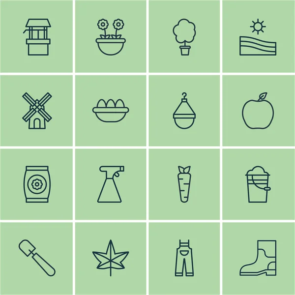 Set de 16 iconos de la agricultura. Incluye fuente de agua, bota de goma, planta de otoño y otros símbolos. Hermosos elementos de diseño . — Archivo Imágenes Vectoriales