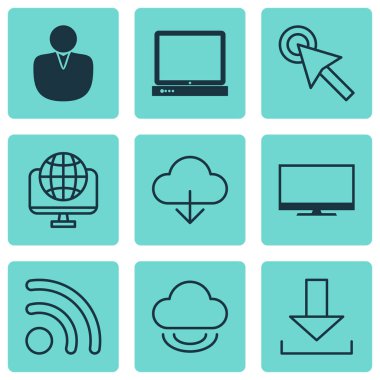 9 World Wide Web simgeler kümesi. PC, veri, görüntü ve diğer semboller kazanmak içerir. Güzel tasarım öğeleri.