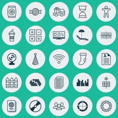 25 evrensel düzenlenebilir simgeler kümesi. Web, mobil ve App tasarım için kullanılabilir. Kum saati, doğum günü şapkası, Soda ve daha fazlası gibi unsurları içerir.