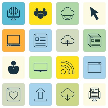 16 Online bağlantı simgeler kümesi. Veri gönderme, Blog sayfası, bilgisayar ağ ve diğer simgeleri içerir. Güzel tasarım öğeleri.