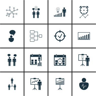 16 kurulu simgeler kümesi. Onaylanmış hedef, görüş analizi, proje hedefleri ve diğer simgeleri içerir. Güzel tasarım öğeleri.