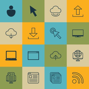 16 Online bağlantı simgeler kümesi. Sanal depolama, insan, Web sayfası ve diğer simgeleri içerir. Güzel tasarım öğeleri.