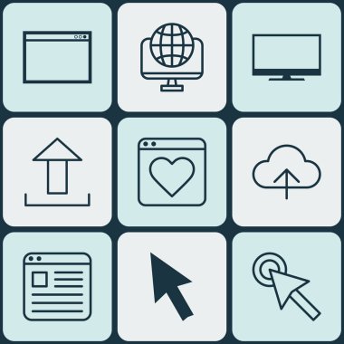 9 Online bağlantı simgeler kümesi. Fare, ardından Web sitesi, imleç dokunun ve diğer simgeleri içerir. Güzel tasarım öğeleri.