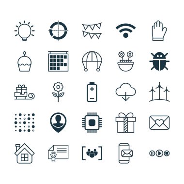 25 evrensel düzenlenebilir simgeler kümesi. Web, mobil ve App tasarım için kullanılabilir. Kutlama mektubu, dağıtılmış pasta grafiği, pil ve daha fazlası gibi unsurları içerir.