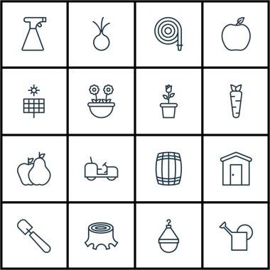 16 Holticulture simgeler kümesi. Güneş güç, yağmurlama, ağaç saplama ve diğer simgeleri içerir. Güzel tasarım öğeleri.