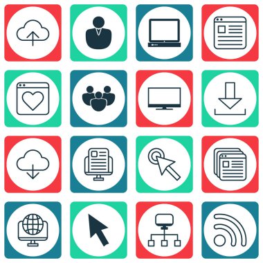 16 Web simgeler kümesi. İzlenen Web sitesi, Pc, imleç dokunun ve diğer simgeleri içerir. Güzel tasarım öğeleri.