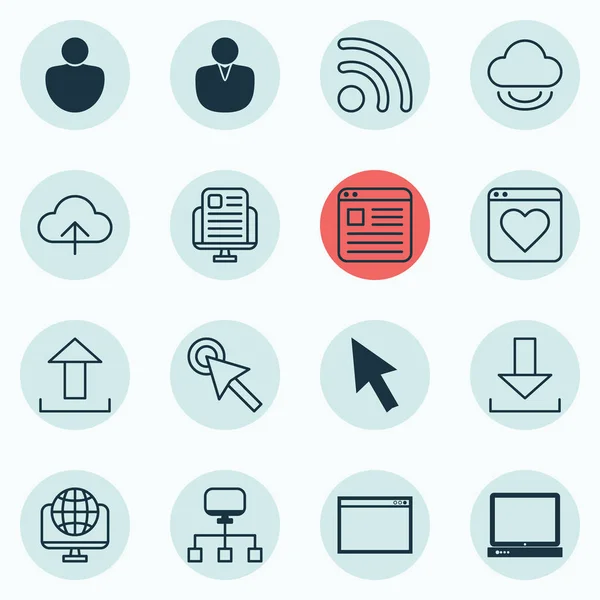 Set de 16 iconos de la World Wide Web. Incluye conexión local, página web, almacenamiento virtual y otros símbolos. Hermosos elementos de diseño . — Archivo Imágenes Vectoriales