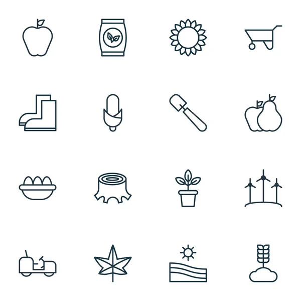 Set van 16 Holticulture iconen. Windmolen, smaak appel, fruit en andere symbolen bevat. Mooie designelementen. — Stockvector