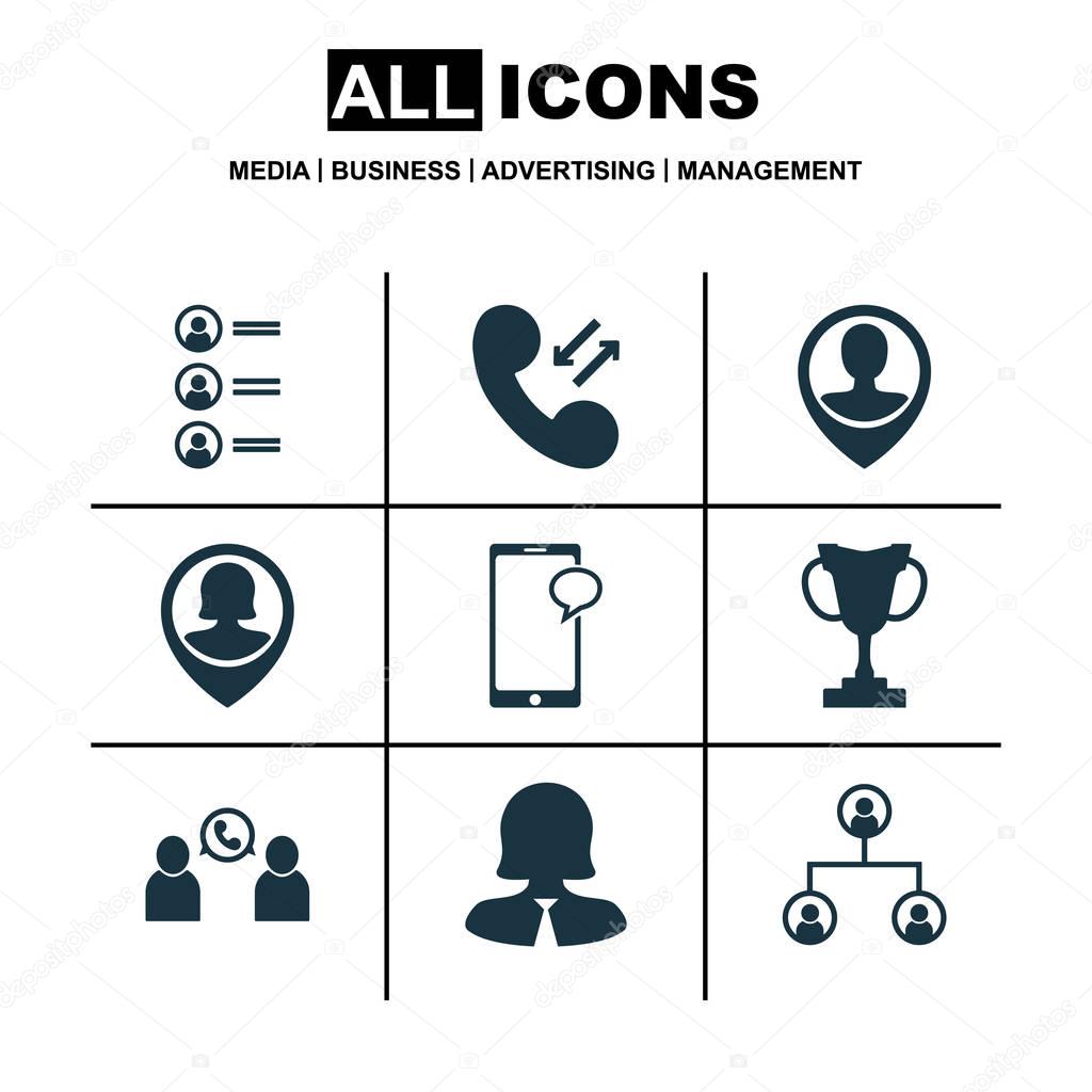 Set Of 9 Hr Icons. Includes Employee Location, Messaging, Tournament And Other Symbols. Beautiful Design Elements.