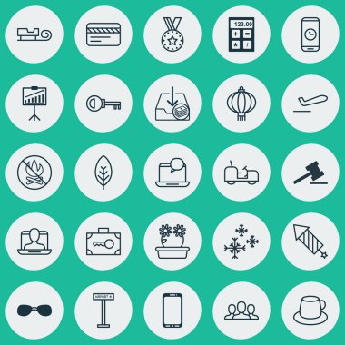 25 evrensel düzenlenebilir simgeler kümesi. Web, mobil ve App tasarım için kullanılabilir. Smartphone, yaz gözlük, uçak kalkış ve daha fazlası gibi unsurları içerir.