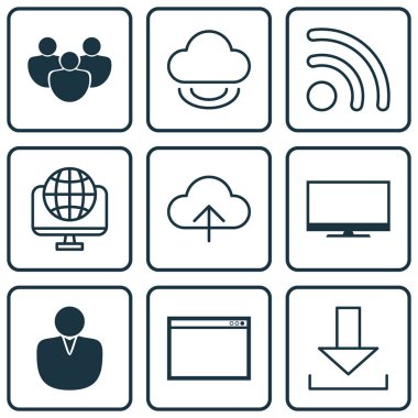 9 World Wide Web simgeler kümesi. Bilgisayar ağı, ekran, takım ve diğer simgeleri içerir. Güzel tasarım öğeleri.