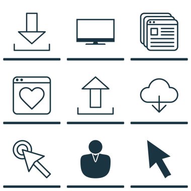 9 World Wide Web simgeler kümesi. İmleç dokunun, fare, ekran ve diğer simgeleri içerir. Güzel tasarım öğeleri.