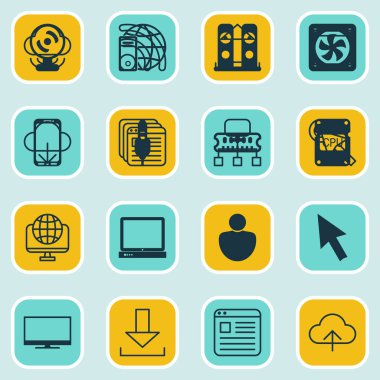 16 World Wide Web simgeler kümesi. Fare, ekran, bilgisayar ağ ve diğer simgeleri içerir. Güzel tasarım öğeleri.