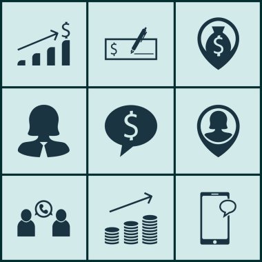 9 insan kaynakları simgeler kümesi. İş anlaşması, para gezinti, PIN çalışan ve diğer simgeleri içerir. Güzel tasarım öğeleri.