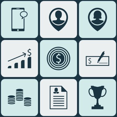 9 insan kaynakları simgeler kümesi. Turnuva, çalışanın konumu, para ve diğer simgeleri içerir. Güzel tasarım öğeleri.