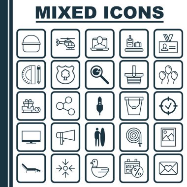 25 evrensel düzenlenebilir simgeler kümesi. Web, mobil ve App tasarım için kullanılabilir. Onaylanmış hedef, kalkık, kova ve daha fazlası gibi unsurları içerir.