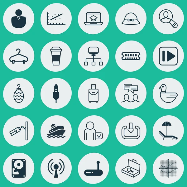 Sor 25 univerzális szerkeszthető ikonok. Lehet használni a Web, mobil és App Design. Magában foglalja a elemeket, mint a korlátozás, néző, zene és több bőrönd. — Stock Vector