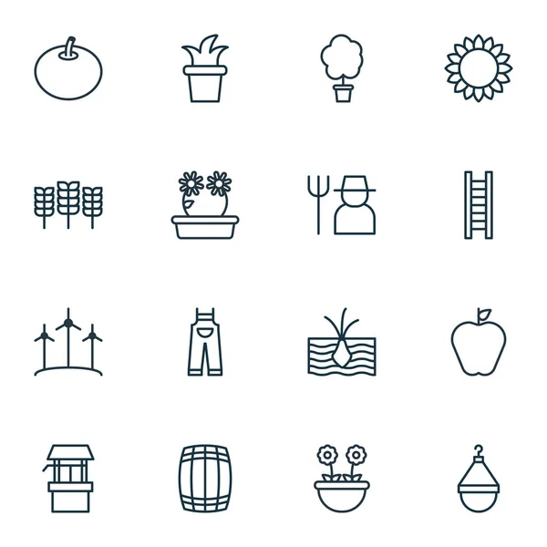 Set van 16 landbouw iconen. Bevat radijs, vat, Floweret en andere symbolen. Mooie designelementen. — Stockvector