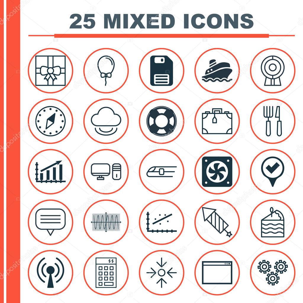 Set Of 25 Universal Editable Icons. Can Be Used For Web, Mobile And App Design. Includes Elements Such As Business Aim, Analytics, Mechanism Parts And More.