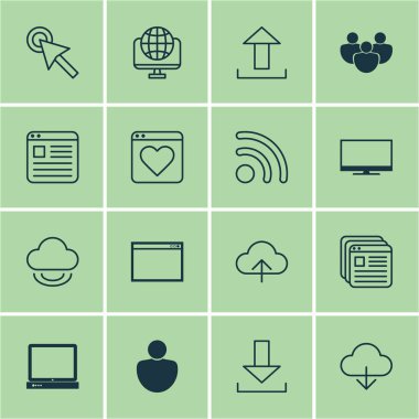 16 Web simgeler kümesi. Veri gönderme, Pc, oturum açma ve diğer simgeleri içerir. Güzel tasarım öğeleri.