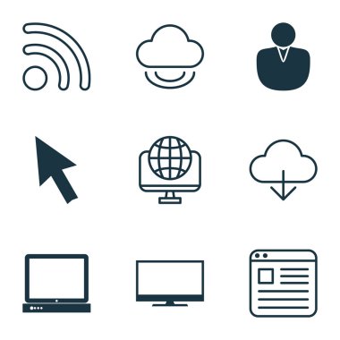9 Online bağlantı simgeler kümesi. Web sayfası, bilgisayar ağı, ekran ve diğer simgeleri içerir. Güzel tasarım öğeleri.
