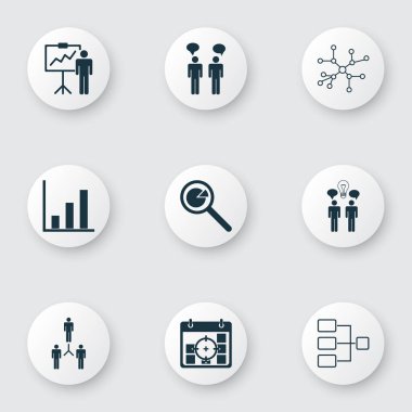 9 çift simgeler kümesi. Çubuk grafik, ortak çalışma, konuşma ve diğer simgeleri içerir. Güzel tasarım öğeleri.