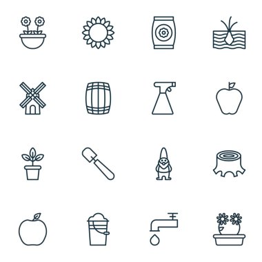 16 çiftlik simgeler kümesi. Büyüyen bitki, cüce, fıçı ve diğer simgeleri içerir. Güzel tasarım öğeleri.