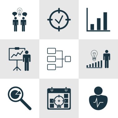 9 yönetim simgeler kümesi. Çubuk grafik, kişisel karakter, özel gösteri ve diğer simgeleri içerir. Güzel tasarım öğeleri.